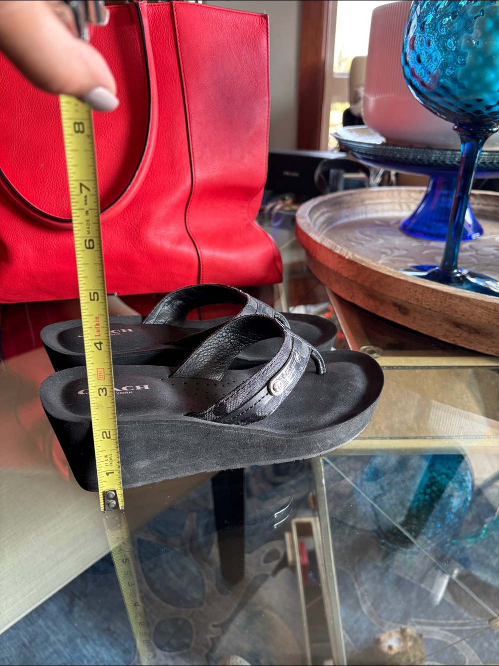 Coach Black Leather Thong Sandals with Silver Logo Accent - Picture 5 of 6
